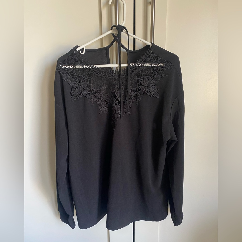 SHEIN Black Tie Front Embellished Long Sleeve Blouse